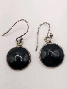 Black Onyx Sterling Silver Pierced Earrings Stamped 925 Round Dangle Jewelry